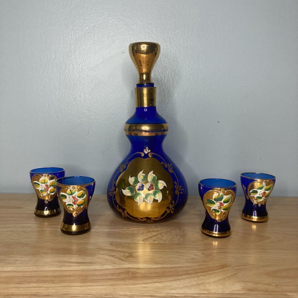 Antique Blue And Gold Glass Decanter & Set of 4 Glasses Hand Painted in Italy
